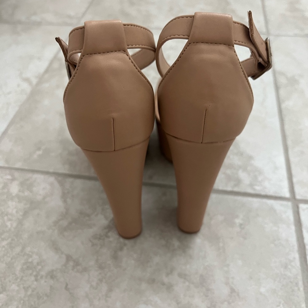 Platform block heel tan sandal heels
